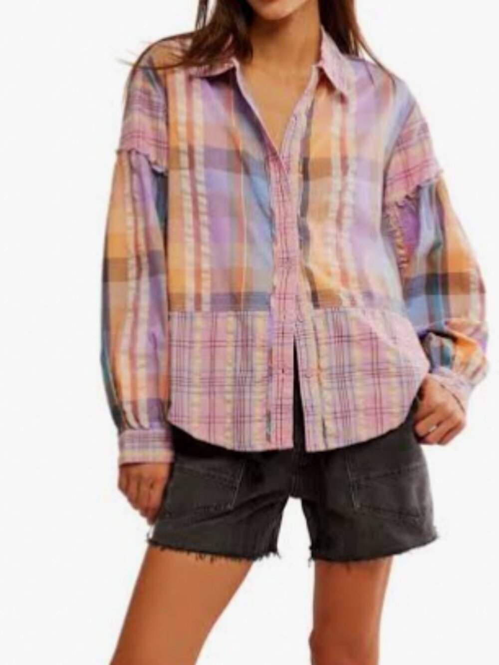 Free People Pink Combo Madras Dream button Down Top